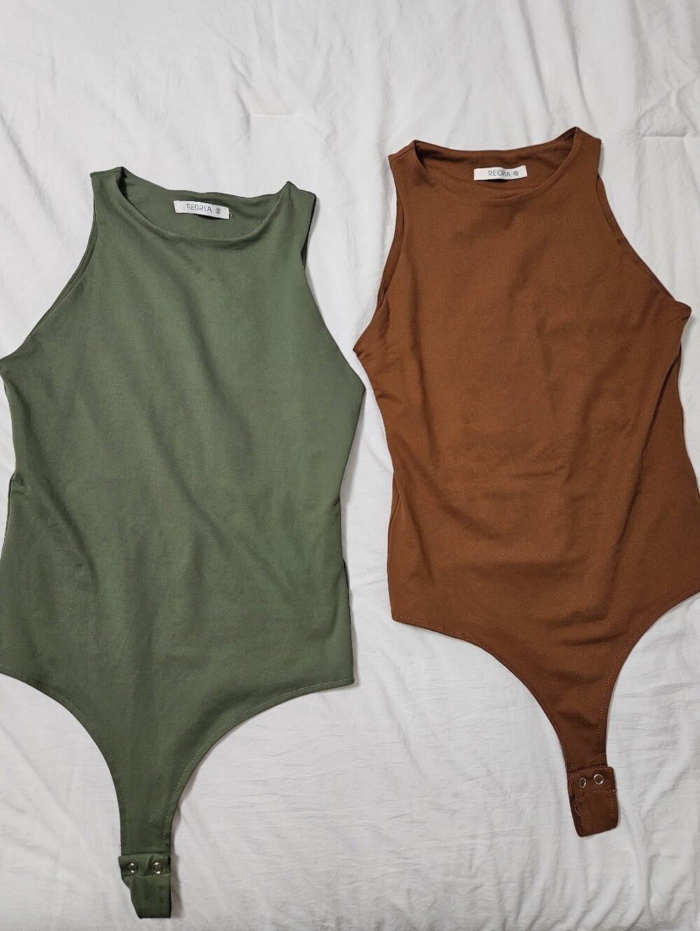 Two Reoria Smooth High Neck Bodysuits in Olive & Rust